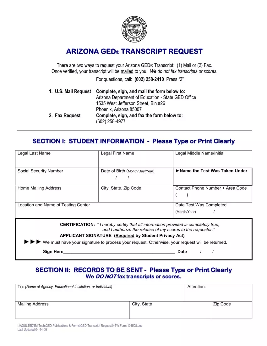 Az Ged Transcript Request Form first page preview