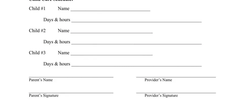 babysitter contract agreement Child Care Schedule, Child, Name, Days  hours, Child, Name, Days  hours, Child, Name, Days  hours, Parents Name, Providers Name, Parents Signature, and Providers Signature blanks to fill out