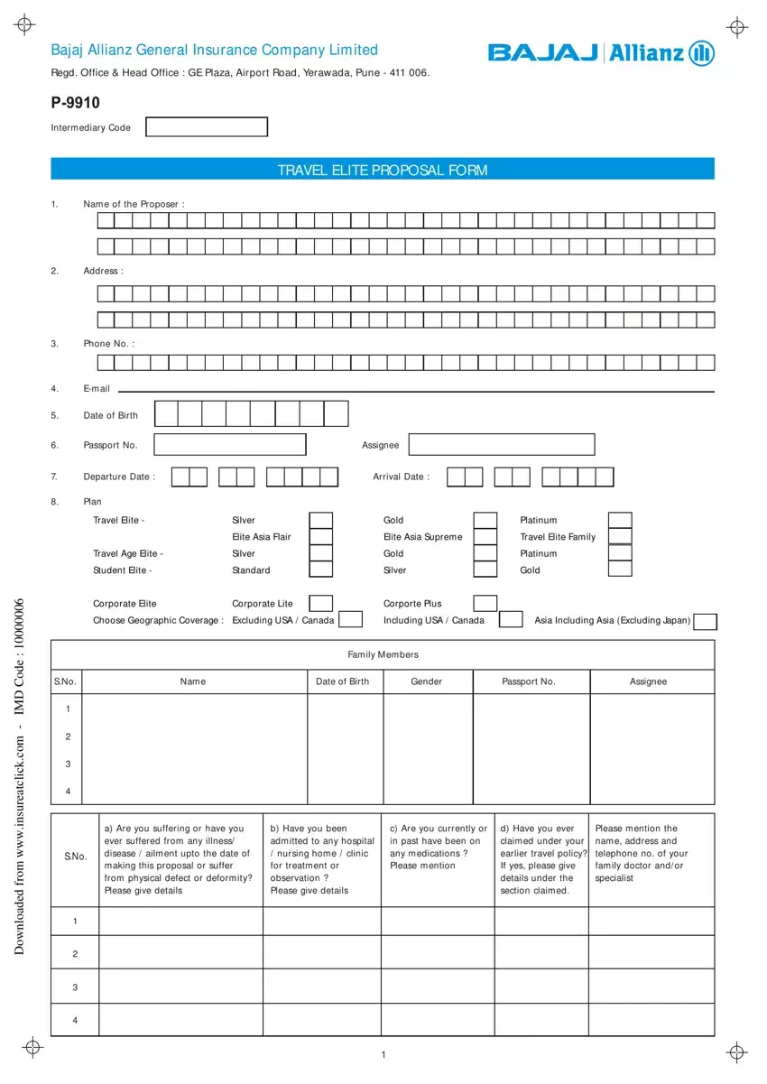 Bajaj Allianz Travel Form first page preview