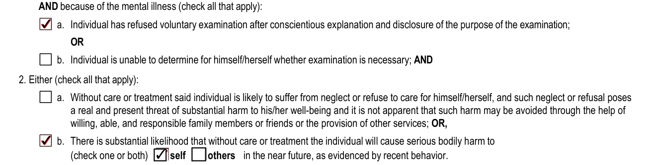 Form CF-MH 3052b example filled out, aND because of the mental illness (check all that apply) and 2. Either (check all that apply)