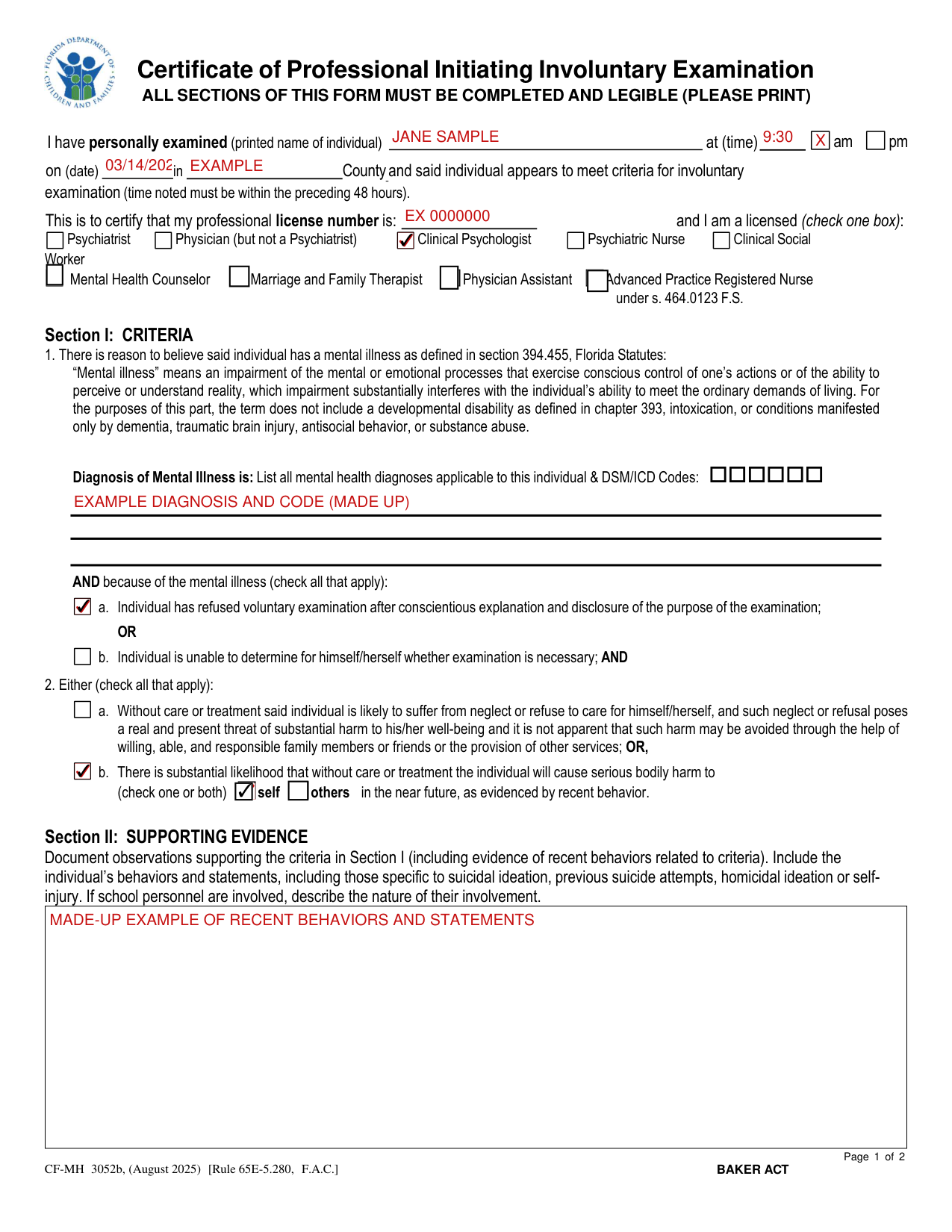 Form CF-MH 3052b example filled out, example: a clinical psychologist certifies an examination