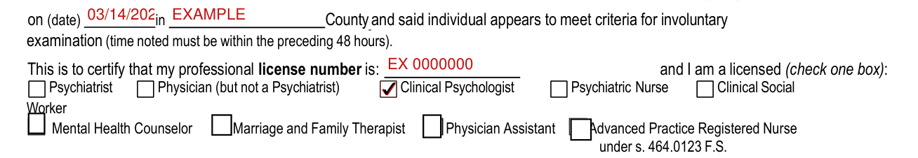 Form CF-MH 3052b example filled out, professional license number and the licensed professional (check one box)