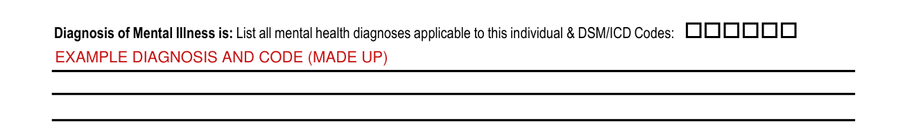 Form CF-MH 3052b example filled out, section I: CRITERIA 1. Diagnosis of Mental Illness