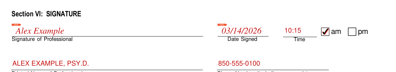 Form CF-MH 3052b example filled out, section VI: SIGNATURE