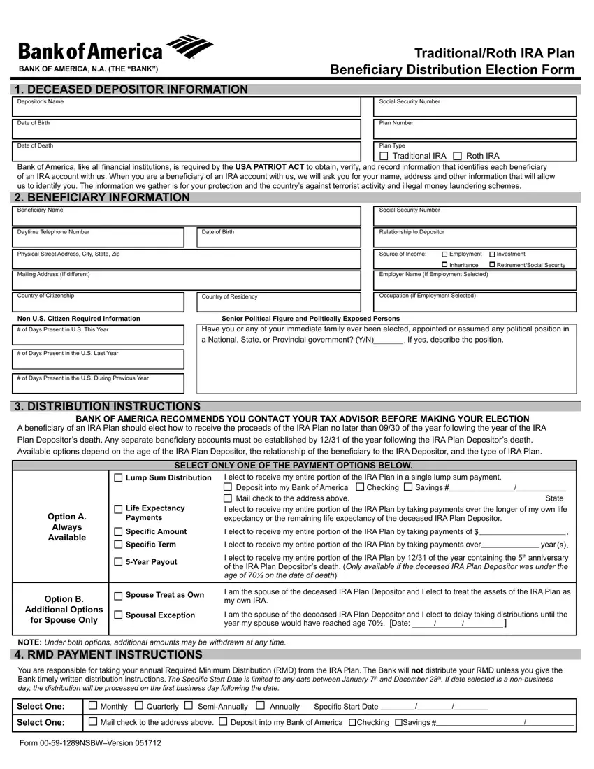 Bank Of America Beneficiary Form first page preview