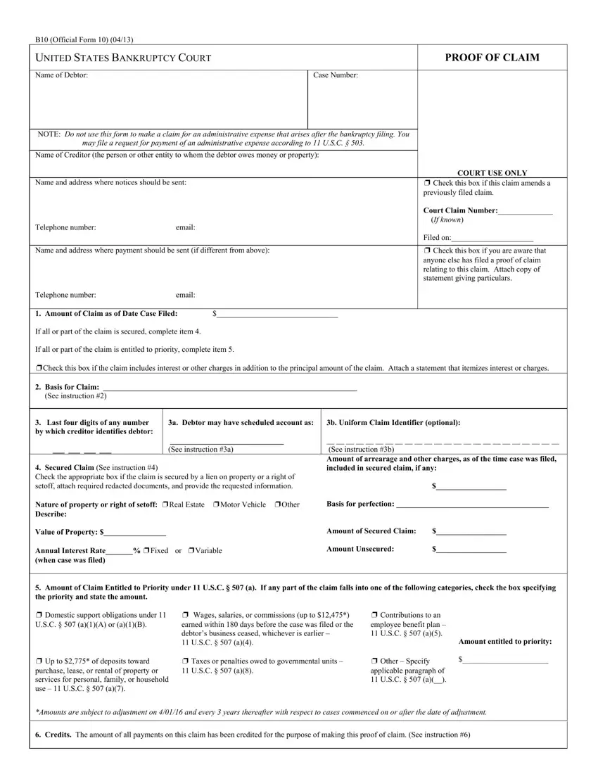 Bankruptcy B10 Proof Of Claim Form first page preview