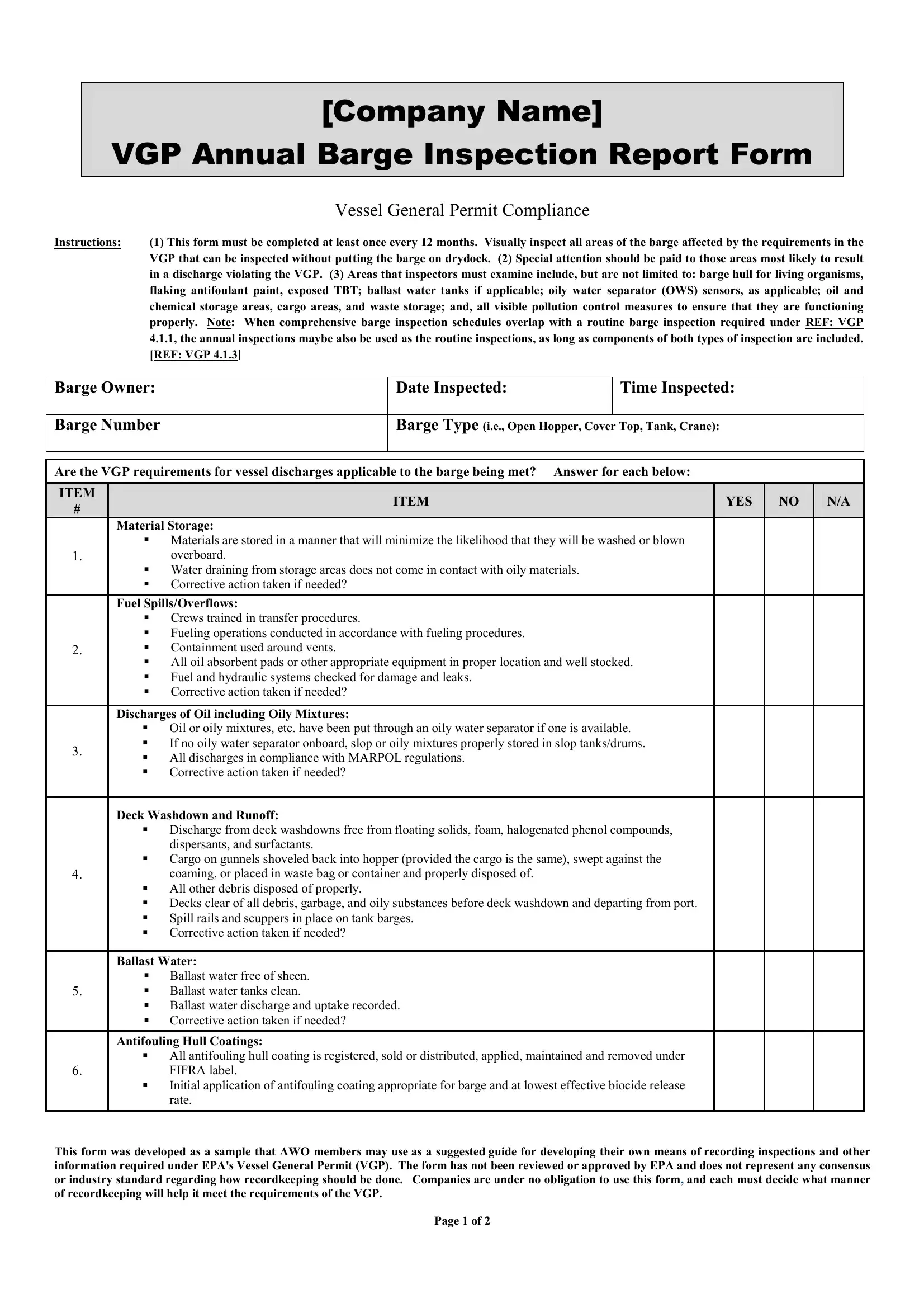 Barge Inspection Form Preview