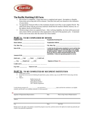 Barilla Pasta Donation Request Form Preview