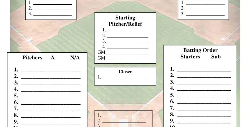 baseball field positions printable Pitchers A NA, Starting, PitcherRelief         GM GM, Closer, Batting Order, and Starters Sub fields to insert