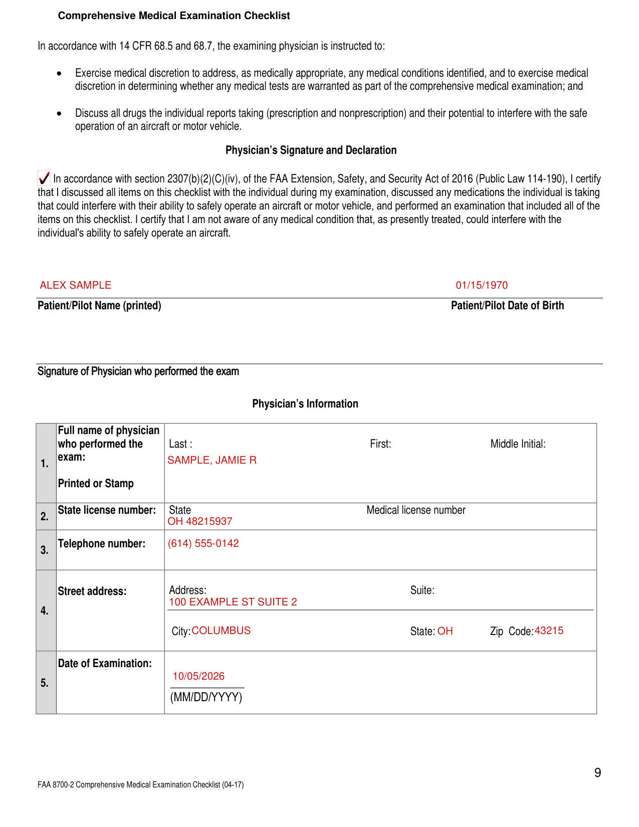 FAA 8700-2 example filled out, example: a physician completes the Physician's Information
