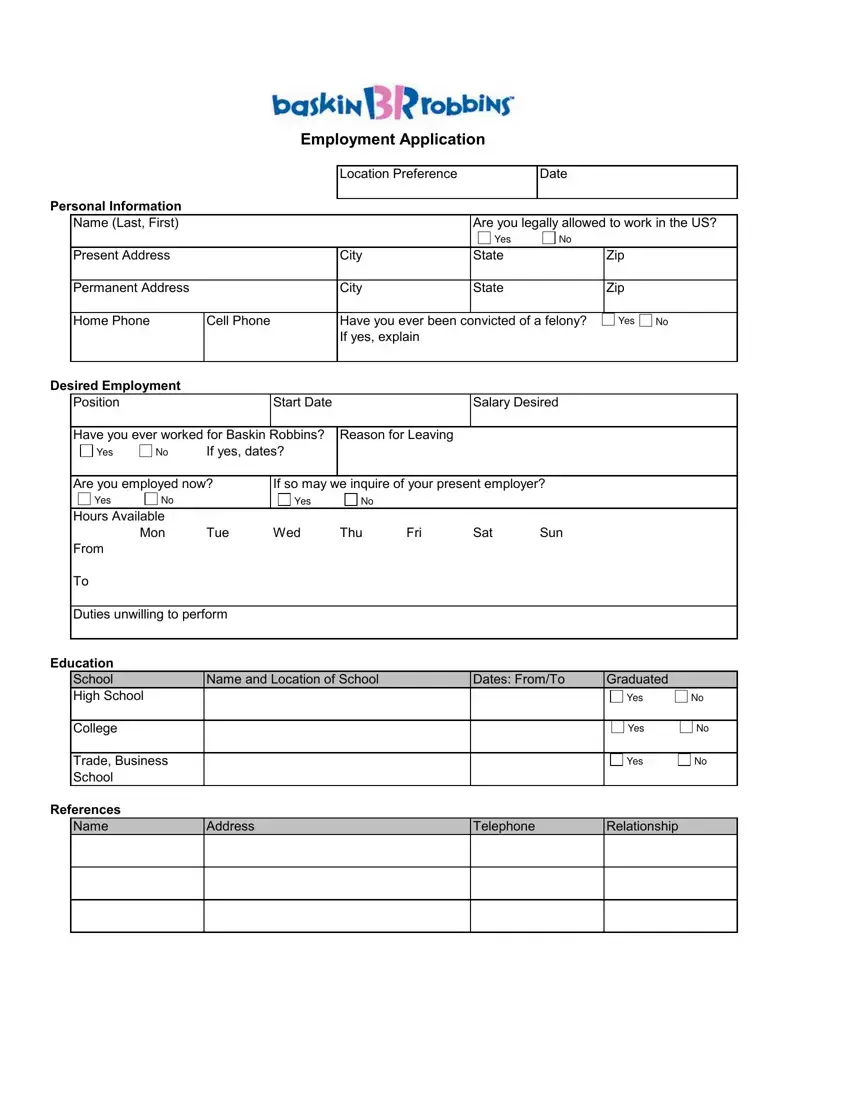 Baskin Robbins Job Form first page preview