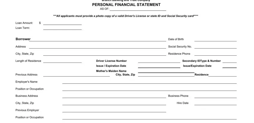 entering details in bbandt personal financial step 1