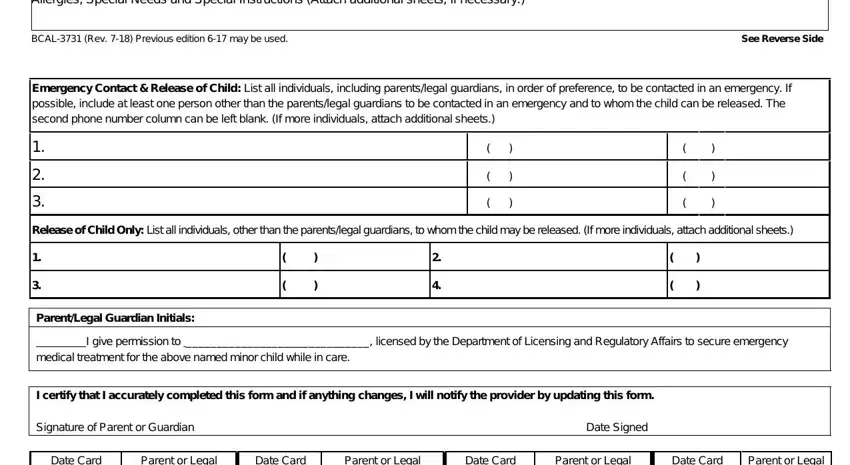 how to bcal 3731 Allergies, BCAL-3731 (Rev, See Reverse Side, Emergency Contact & Release of, and Release of Child Only: List all fields to complete