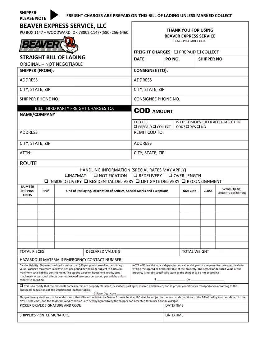 Beaver Express Bill Lading Form first page preview