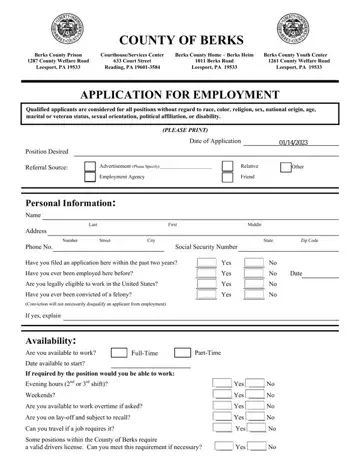Berks Application For Employment Form Preview