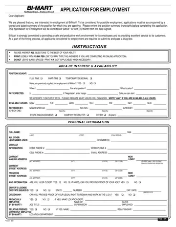 Bi Mart Employment Application Form Preview
