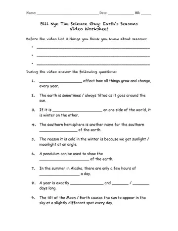 Bill Nye Earths Seasons Worksheet Form Preview