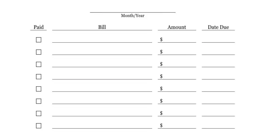 completing pdf printable monthly bill organizer sheets step 1