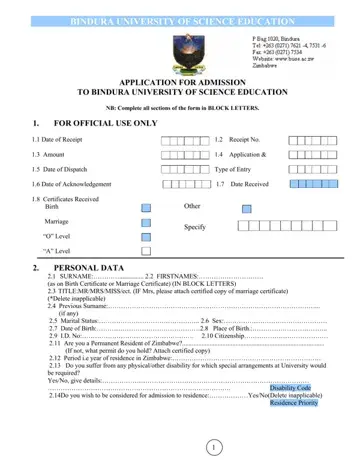 Bindura University Application Form Preview