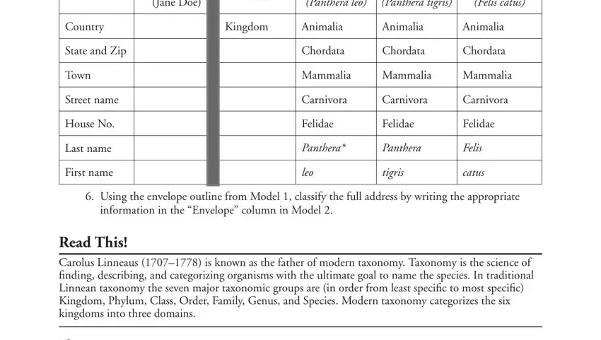 Envelope Jane Doe, Taxa, Lion Panthera leo, Tiger Panthera tigris, House Cat Felis catus, Kingdom, Animalia, Animalia, Animalia, Chordata, Chordata, Chordata, Mammalia, Mammalia, and Mammalia in biological classification pogil