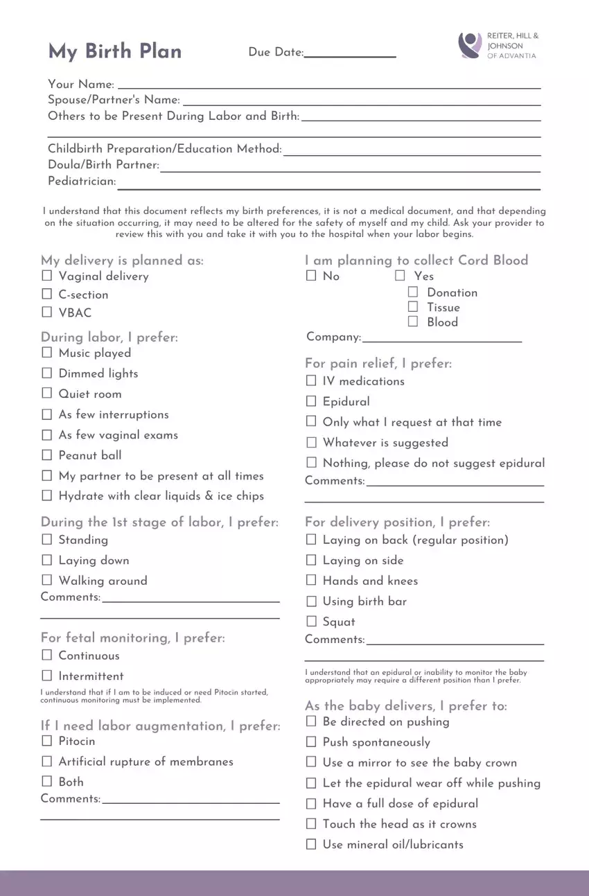Birth Plan Worksheet first page preview
