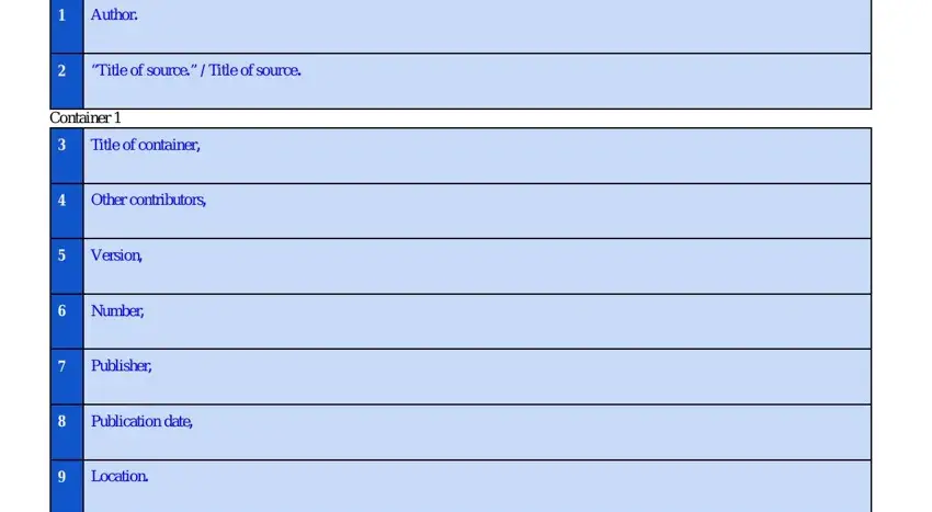 Author, Title of source  Title of source, Container, Title of container, Other contributors, Version, Number, Publisher, Publication date, and Location in uniform complaint citation online