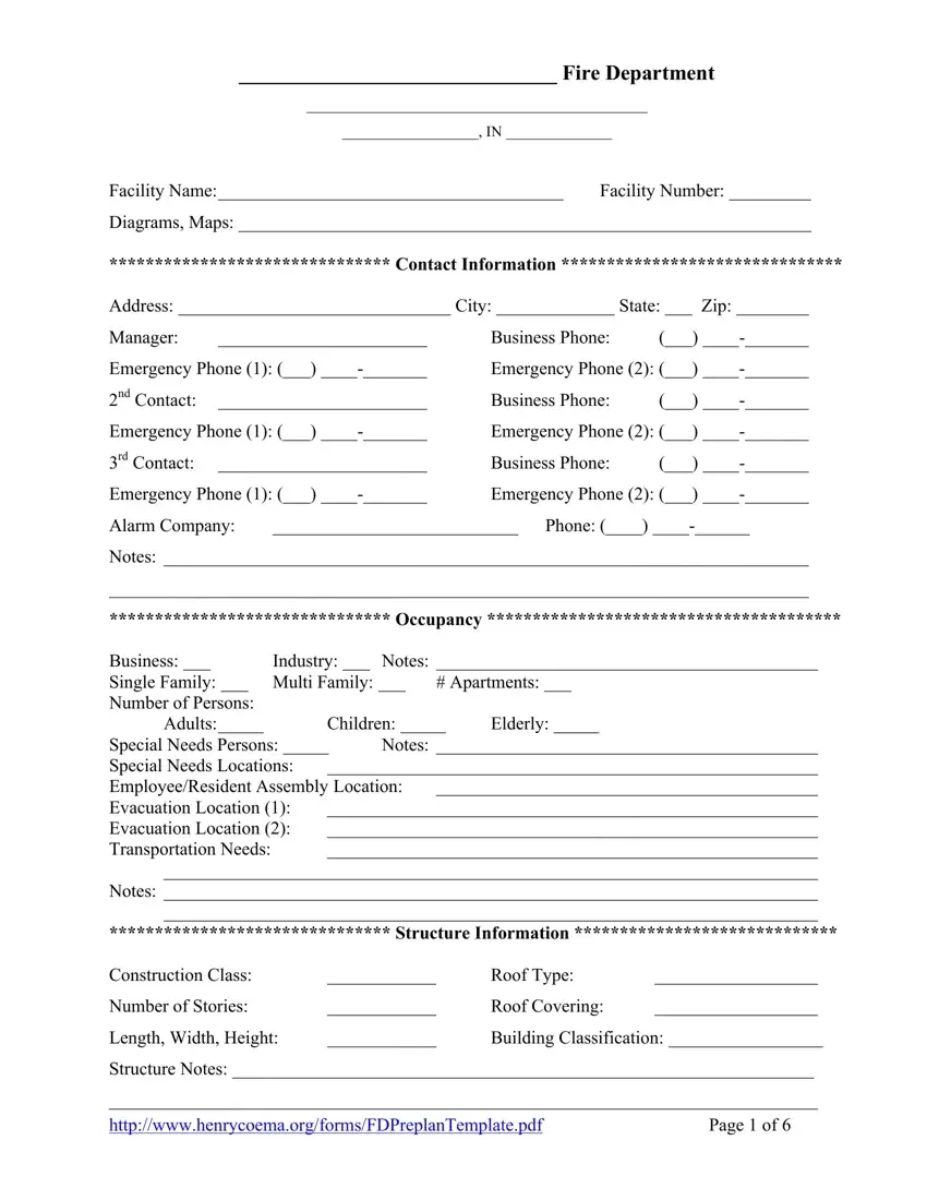 Blank Fire Department Pre Plan Form first page preview