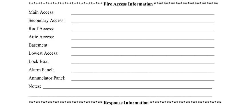 fire pre plan template pdf Fire Access Information, Main Access, Secondary Access, Roof Access, Attic Access, Basement, Lowest Access, Lock Box, Alarm Panel, Annunciator Panel, Notes, and Response Information blanks to insert