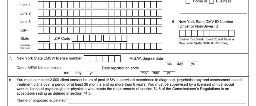 Analytic Line, Line, Line, City, State, Country Province, ZIP Code, Home or, Business, New York State DMV ID Number, Driver or NonDriver ID, Leave this blank if you do not, New York State LMSW license number, MSW degree date, and Date LMSW license issued fields to fill out