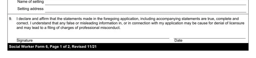 Analytic Name of setting, Setting address, I declare and affirm that the, Signature, Social Worker Form  Page  of, and Date blanks to complete