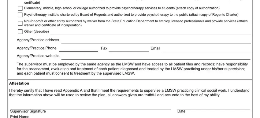 Analytic Program approved by the New York, Elementary middle high school or, Psychotherapy institute chartered, Notforprofit or other entity, Other describe, AgencyPractice address, AgencyPractice Phone, AgencyPractice web site, Fax, Email, The supervisor must be employed by, Attestation, I hereby certify that I have read, Supervisor Signature Print Name, and Date fields to insert