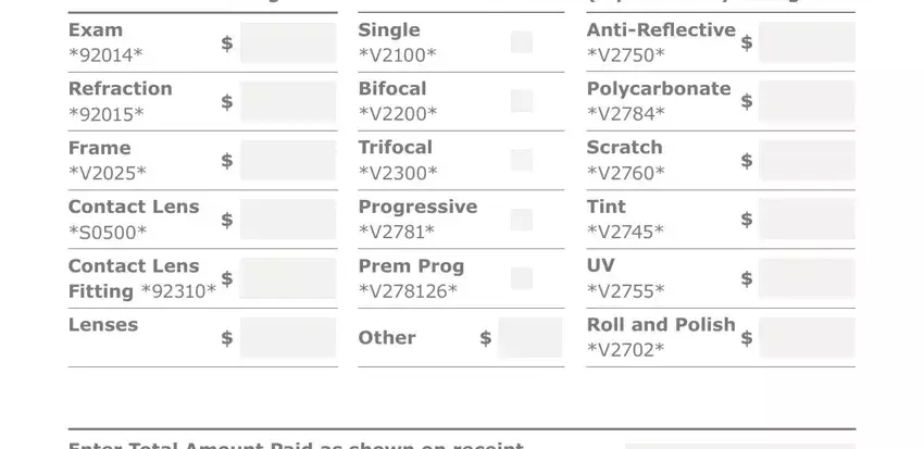 blue vision out network AmountCharged, PleaseCheck, LensOptionsifpurchased, AmountCharged, and Other blanks to fill out