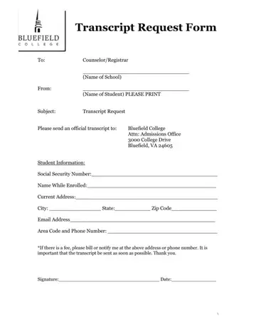 Bluefield Transcript Request Form Preview