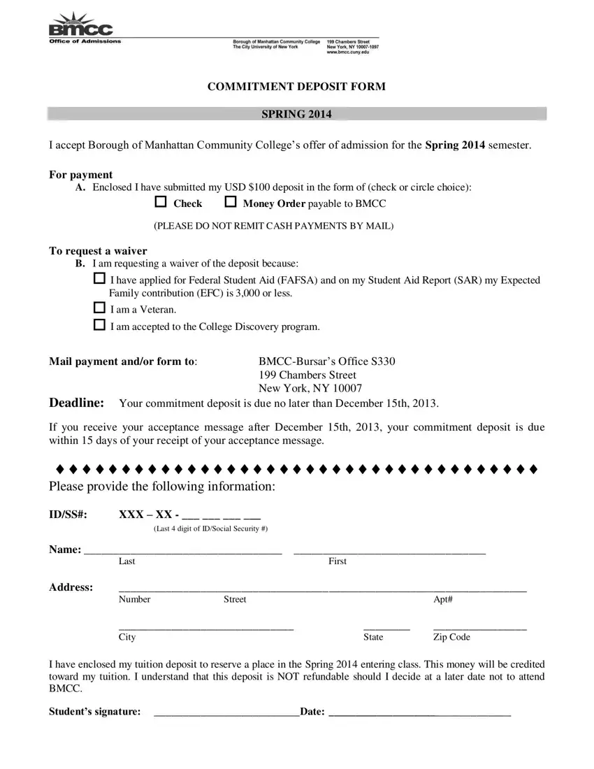 Bmcc Commitment Deposit Form first page preview