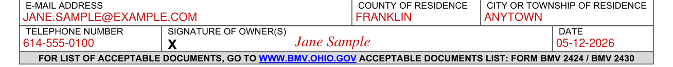 Form BMV 5736 example filled out, e-mail address, residence, signature and date