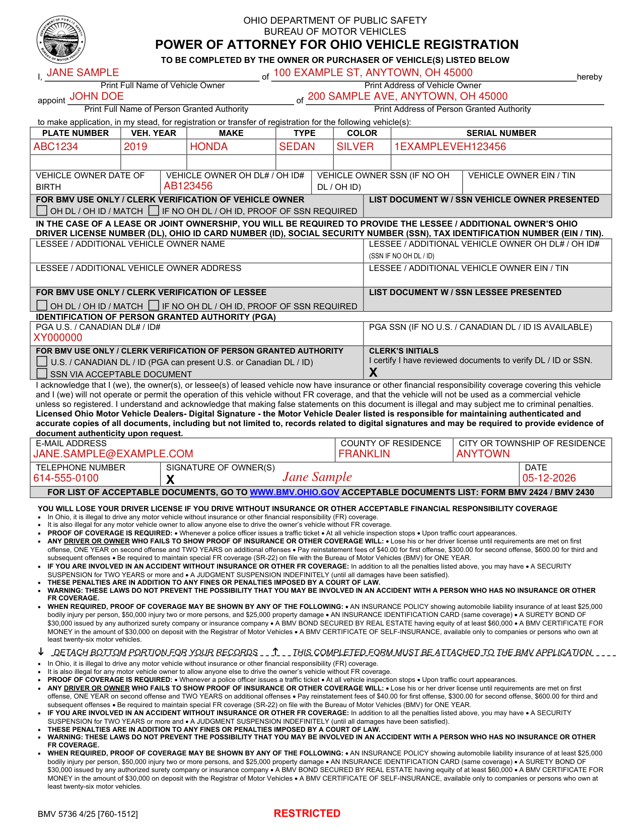 Form BMV 5736 example filled out, example: an owner appoints a person to register one car