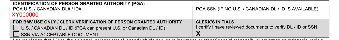 Form BMV 5736 example filled out, identification of person granted authority (PGA)
