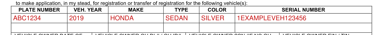 Form BMV 5736 example filled out, plate number, year, make, type, color and serial number