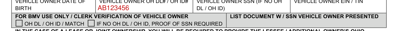 Form BMV 5736 example filled out, vehicle owner OH DL# / OH ID#, SSN and EIN / TIN