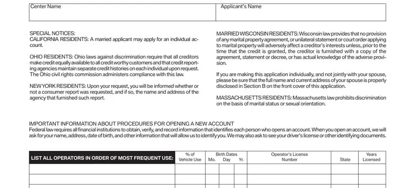 bmw finance application Center Name, Applicants Name, SPECIAL NOTICES CALIFORNIA, OHIO RESIDENTS Ohio laws against, NEW YORK RESIDENTS Upon your, MARRIED WISCONSIN RESIDENTS, If you are making this application, MASSACHUSETTS RESIDENTS, IMPORTANT INFORMATION ABOUT, LIST ALL OPERATORS IN ORDER OF, Vehicle Use Mo, Birth Dates Day, Operators License Number, State, and Years Licensed fields to insert