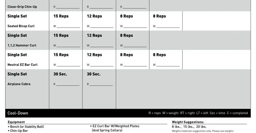 beast body workout sheets CloseGrip ChinUp, Single Set, Reps, Reps, Reps, Reps, Seated Bicep Curl, Single Set, Reps, Reps, Reps, Hammer Curl, Single Set, Reps, and Reps blanks to fill