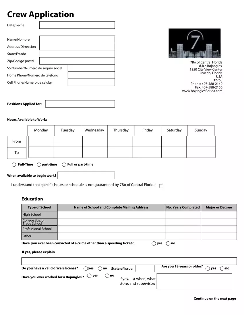 Bojangles Application Printable first page preview