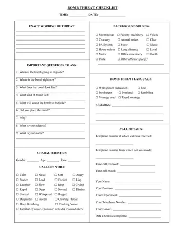 Bomb Threat Checklist Form Preview
