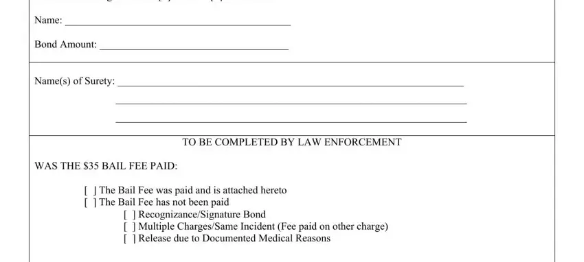 blank bail form Official Executing the Bond:  , TO BE COMPLETED BY LAW ENFORCEMENT, and WAS THE $35 BAIL FEE PAID:   The fields to complete