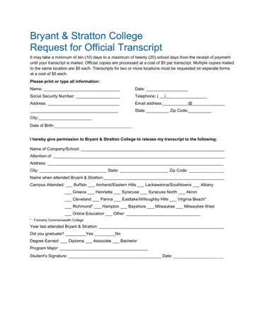 Bryant And Stratton Transcript Request Form Preview