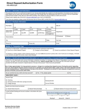 BSC MTA Direct Deposit Form Preview