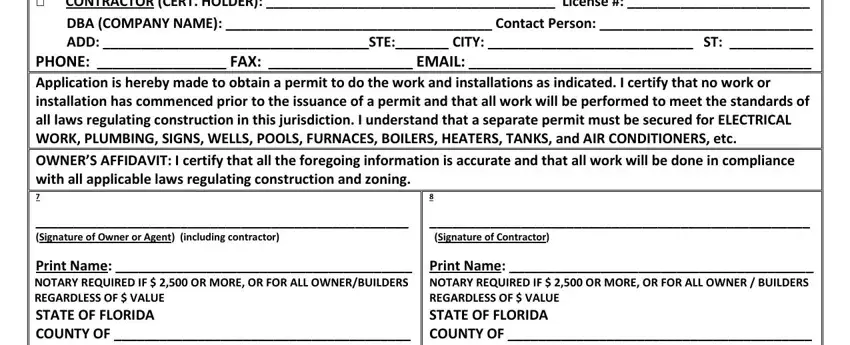 palm beach county building permit application □ OWNER BUILDER PER FL, 8  (Signature of Contractor), Print Name:  NOTARY REQUIRED IF $, Print Name:  NOTARY REQUIRED IF $, Sworn to (or affirmed) and, Sworn to (or affirmed) and,  day of ,  day of ,  (Name of person making statement), and  (Name of person making statement) fields to insert