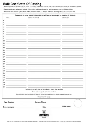 Bulk Certificate Of Posting Form Preview