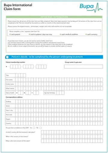 Bupa Claim Form Preview