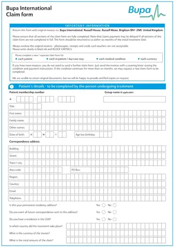 Bupa International Claim Form Preview